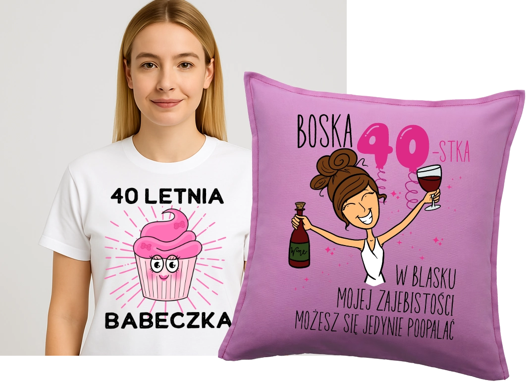 Zestaw na 40 urodziny - koszulka na 40 letnia babeczka plus poduszka na 40 urodziny dla brunetki