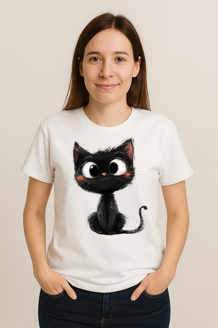 Biały damski T-shirt z czarnym kotem - wzór G16
