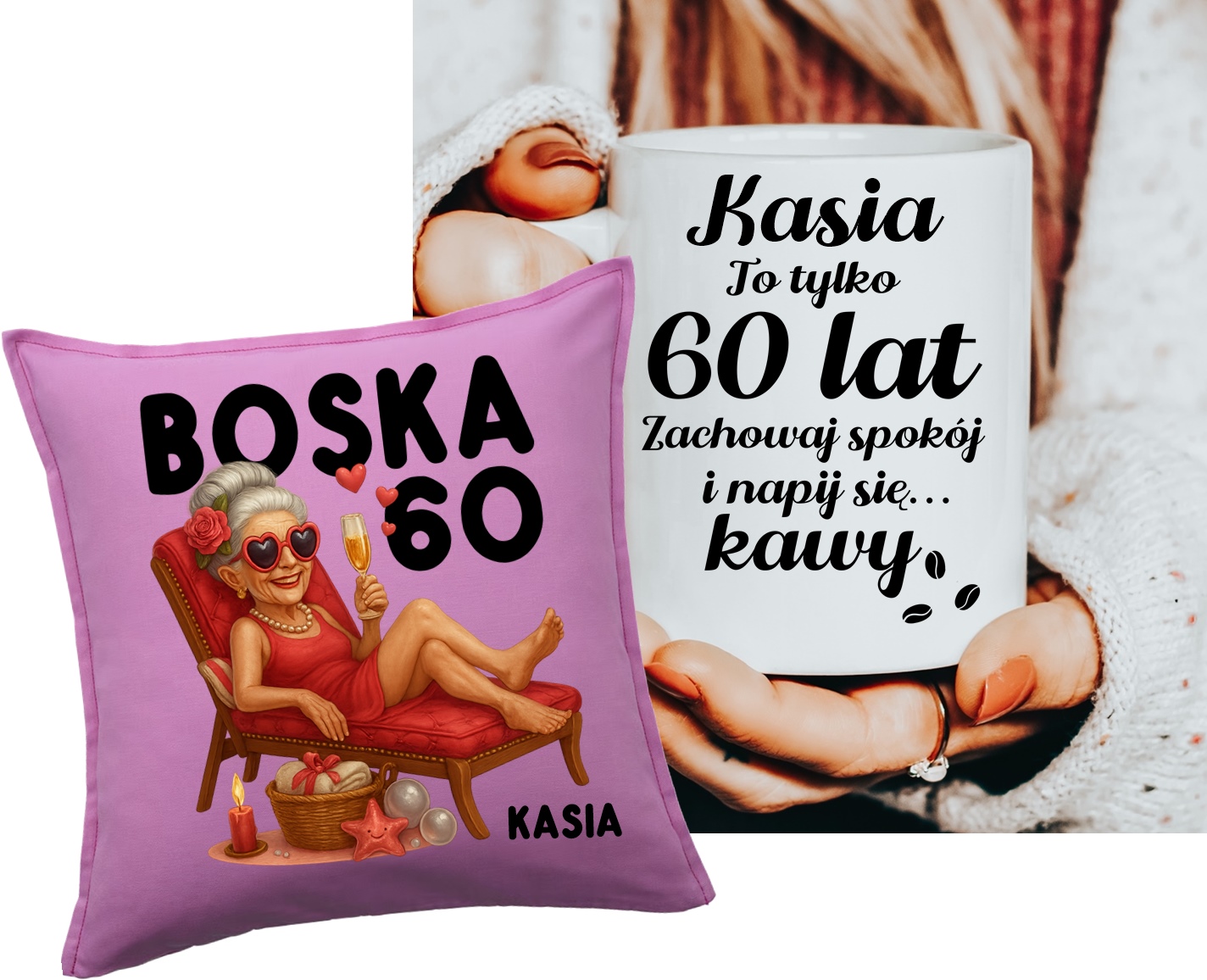 Prezent na 60 urodziny dla kobiety - poduszka BOSKA 60 oraz kubek z imieniem