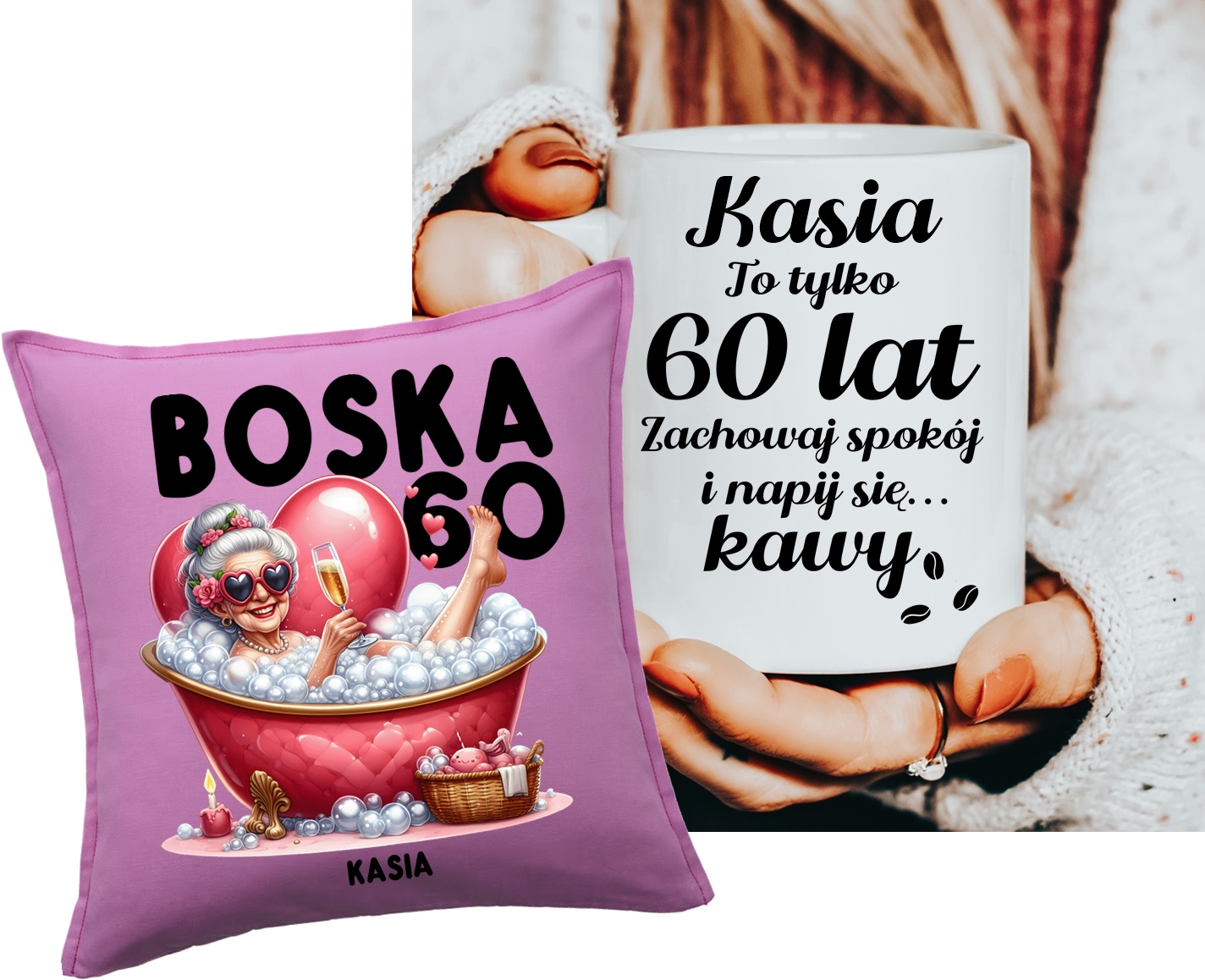 Prezent na 60 urodziny dla kobiety - poduszka BOSKA 60 oraz kubek z imieniem