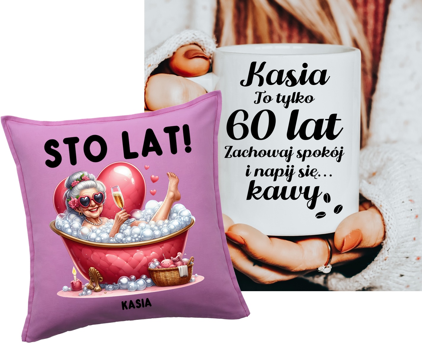 Prezent na 60 urodziny dla kobiety - poduszka z życzeniami STO LAT oraz kubek z imieniem
