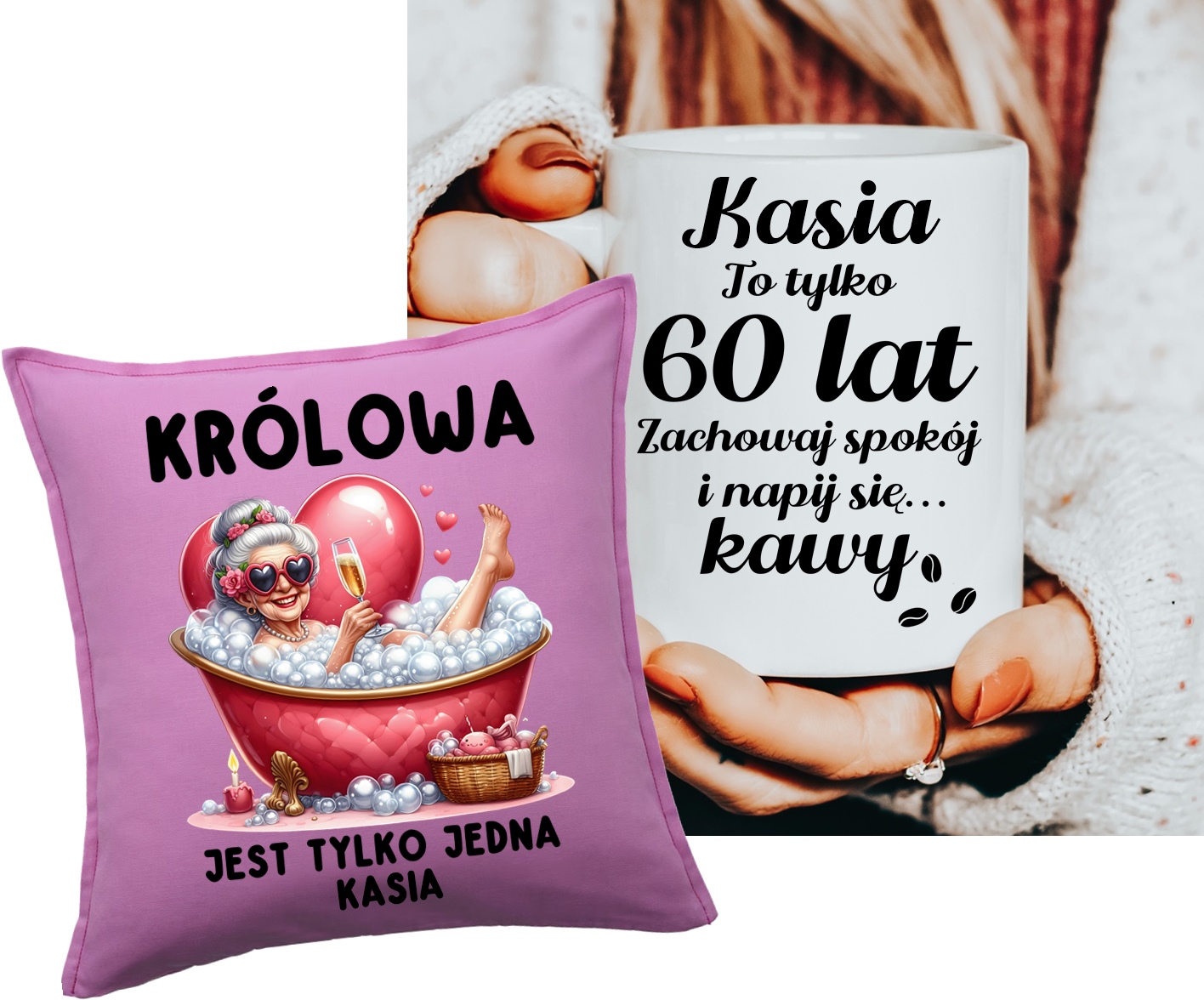 Prezent na 60 urodziny dla kobiety - poduszka KRÓLOWA JEST TYLKO JEDNA oraz kubek z imieniem