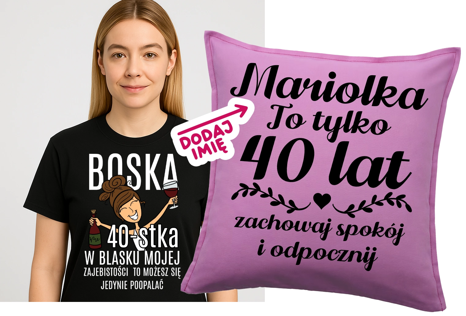 Czarna damska koszulka na 40 dla brunetki oraz personalizowana poduszka z imieniem na urodziny