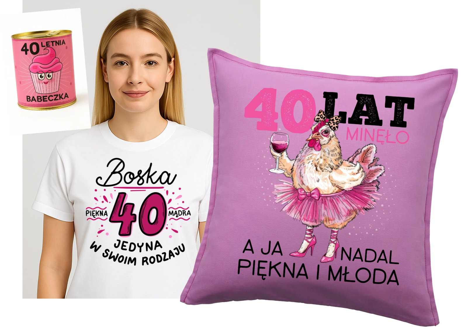 Prezent na 40 urodziny dla koleżanki - koszulka BOSKA 40 Zapakowana w puszkę oraz poduszka na 40 urodziny