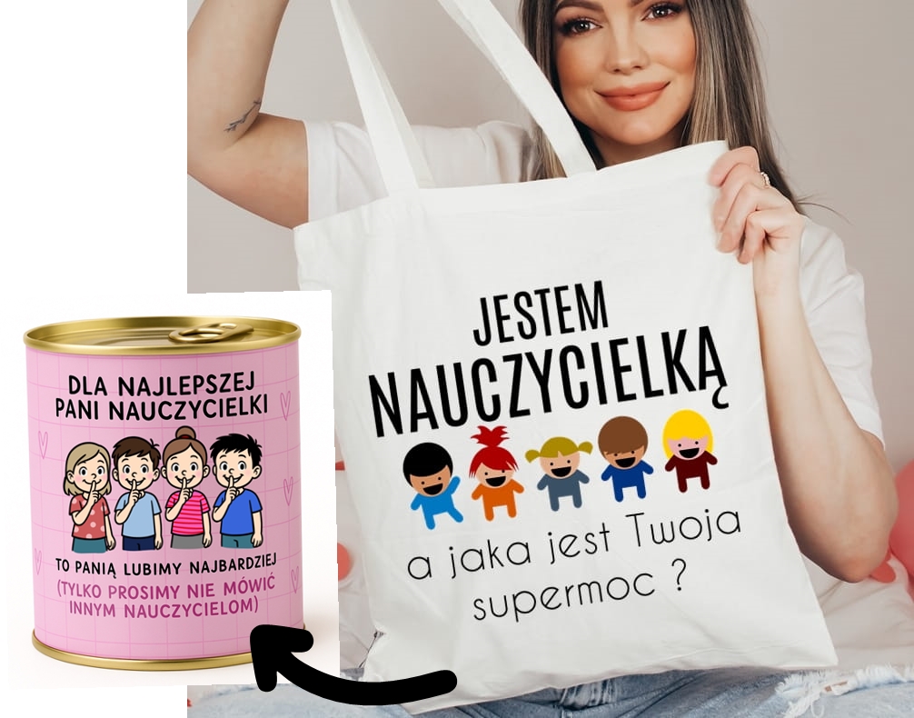 Prezent dla nauczycielki na Dzień Nauczycielka torba zapakowana w puszkę - ZESTAW PREZENTOWY DLA NAUCZYCIELKI