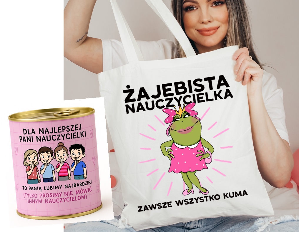 Prezent dla nauczycielki na Dzień Nauczycielka torba zapakowana w puszkę - ZESTAW PREZENTOWY ŻAJEBISTA NAUCZYCIELKA