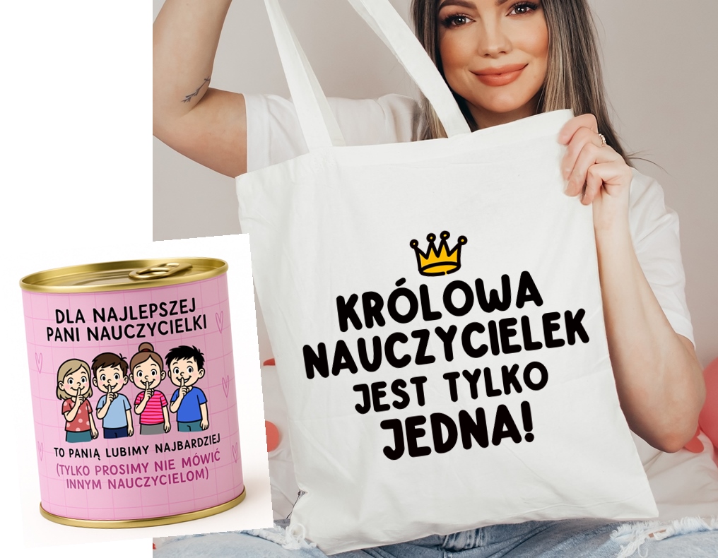 Prezent dla nauczycielki na Dzień Nauczycielka torba zapakowana w puszkę - ZESTAW PREZENTOWY KRÓLOWA NAUCZYCIELEK JEST TYLKO JEDNA