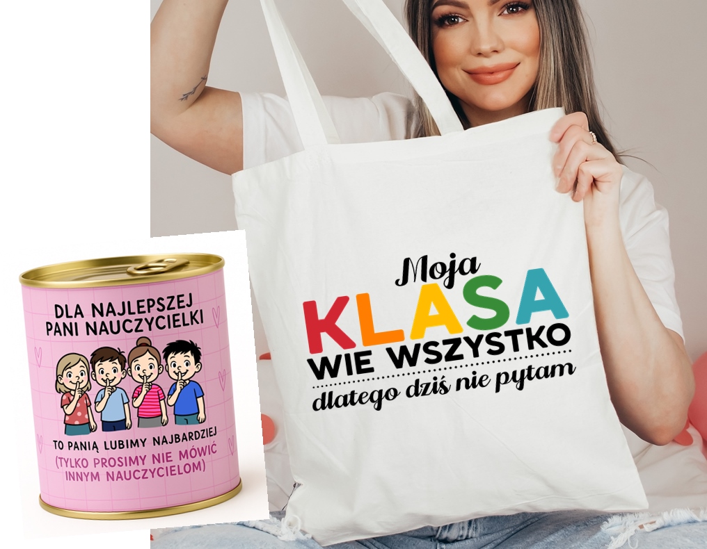 Prezent dla nauczycielki na Dzień Nauczycielka torba zapakowana w puszkę - ZESTAW PREZENTOWY MOJA KLASA WIE WSZYSTKO DLATEGO DZIŚ NIE PYTAM