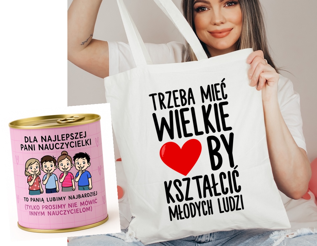 Prezent dla nauczycielki na Dzień Nauczycielka torba zapakowana w puszkę - ZESTAW PREZENTOWY trzeba mieć wielkie serce