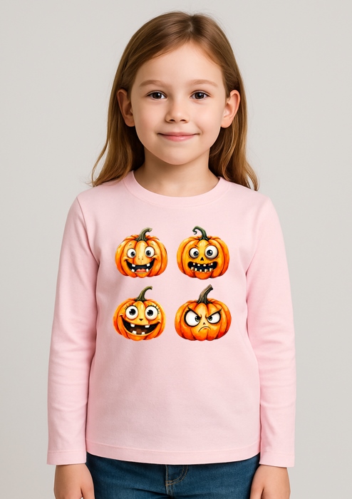 Koszulka na Dzień Dyni z długim rękawkiem dla dziewczynki - wzór z 4 dyniami