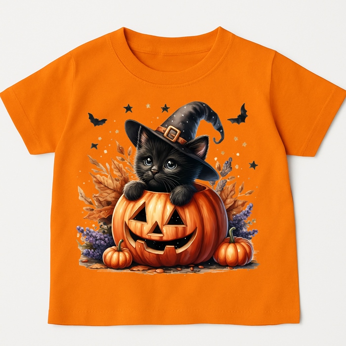 Pomarańczowa koszulka na Dzień Dyni z dynią i kotem wzór kotdynia16