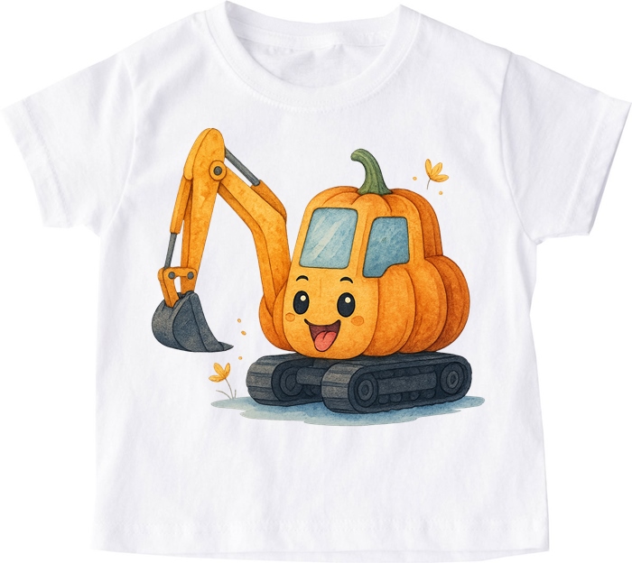 Biała koszulka na Dzień Dyni z dynią w kształcie koparki