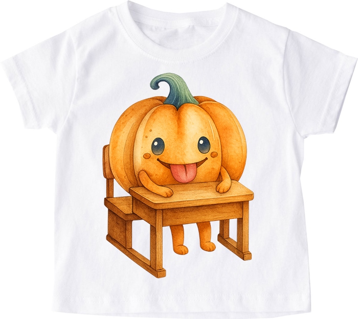 Biała koszulka na Dzień Dyni z dynią w ławce szkolnej - wzór dynia64