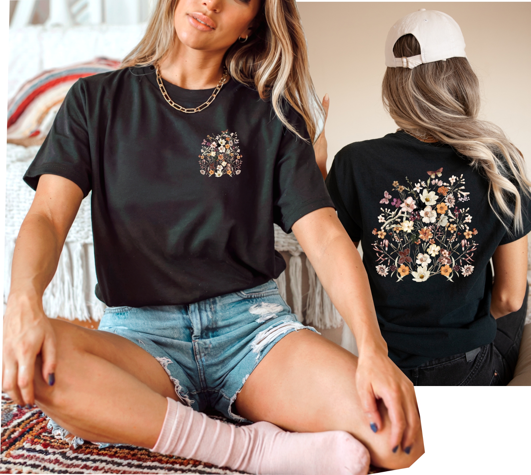 Czarna damska koszulka w polne kwiaty - wzór kwiaty103