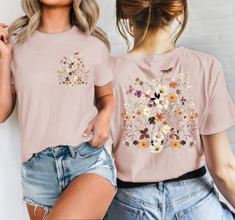 Koszulka damska w kwiaty - kolor koszulki pudrowy róż - wzór kwiaty103
