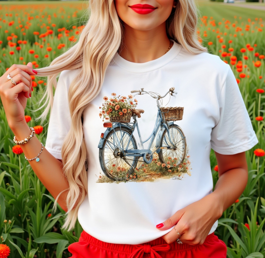 Biała koszulka - rower kwiaty - wzór rower15