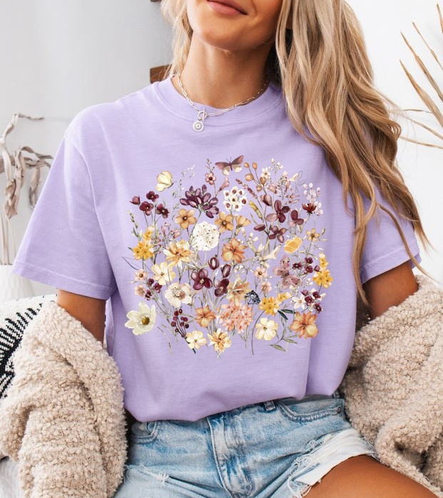 Lawendowa koszulka damska - z wakacyjnym motywem - kwiaty104