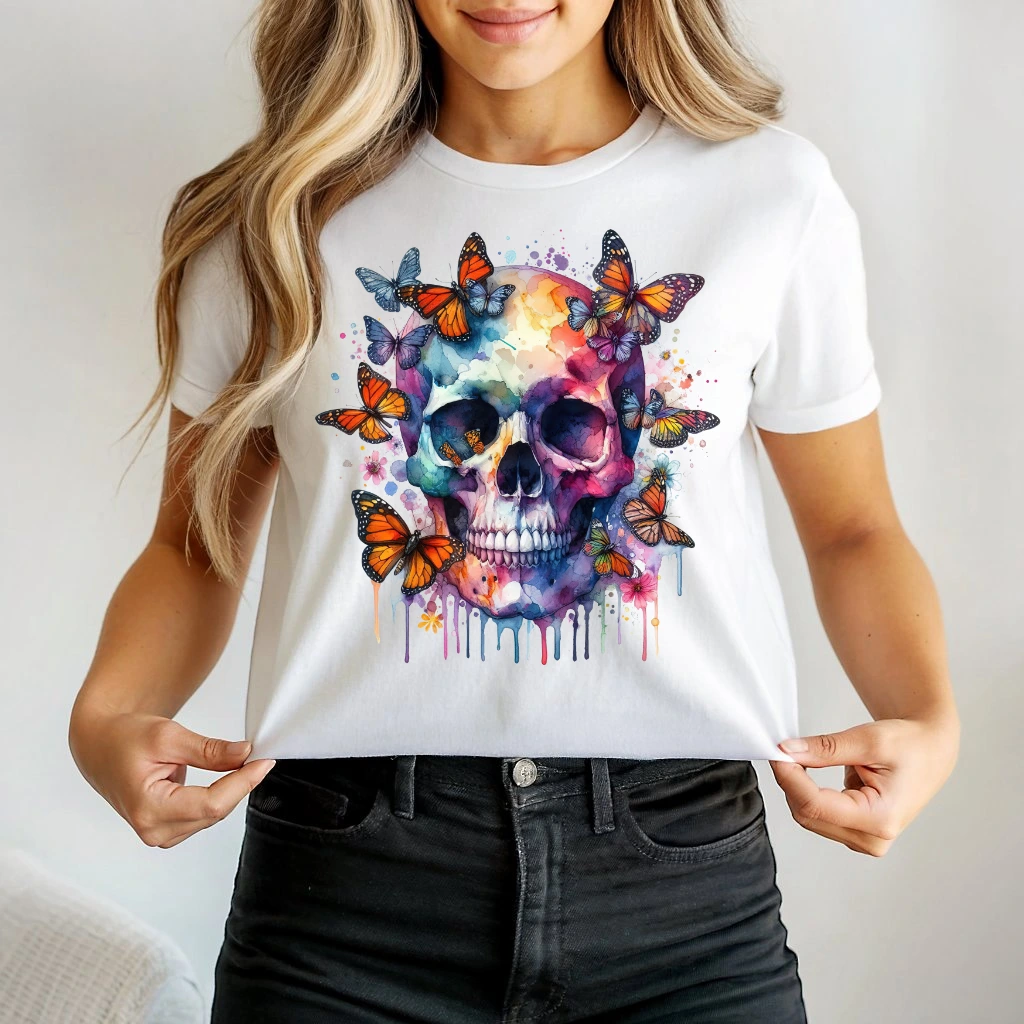 Koszulka biała z nadrukiem CZASZKI Z MOTYLAMI c176