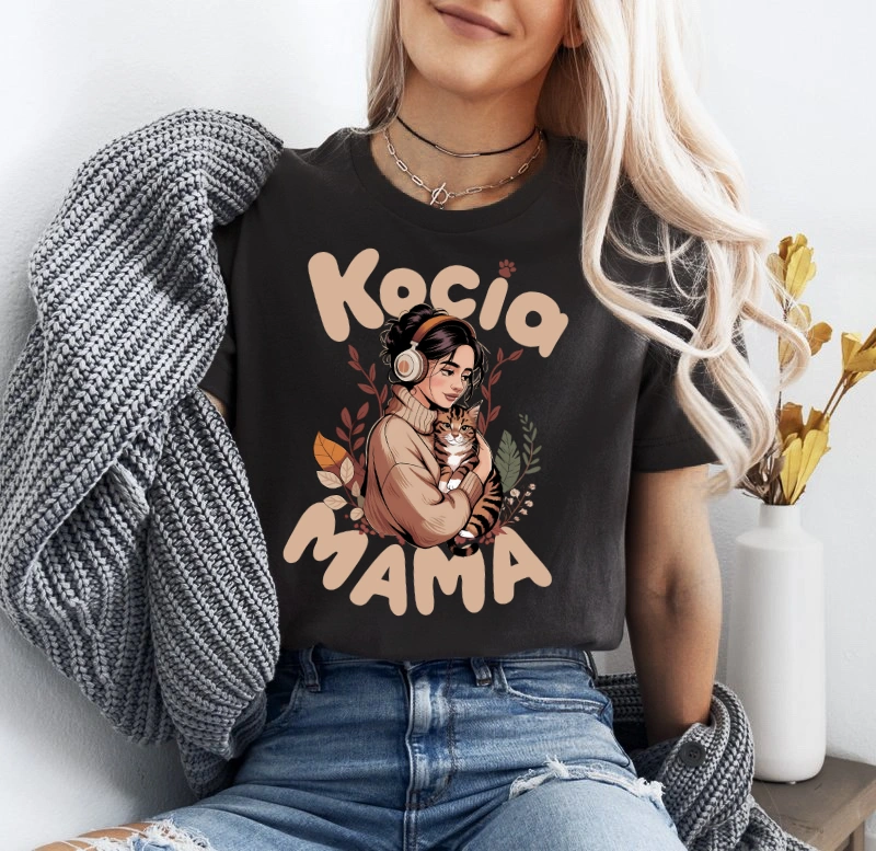 Grafitowa koszulka damska z nadrukiem KOCIA MAMA BRUNETKA