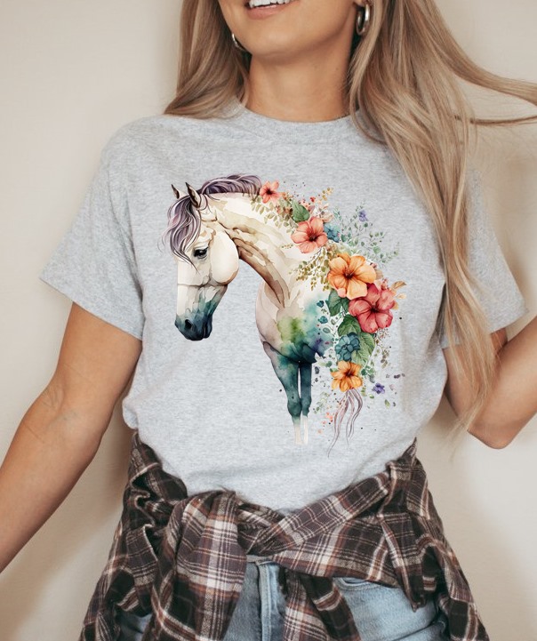 Jasno szara koszulka damska z kolorowym koniem - wzór kon020