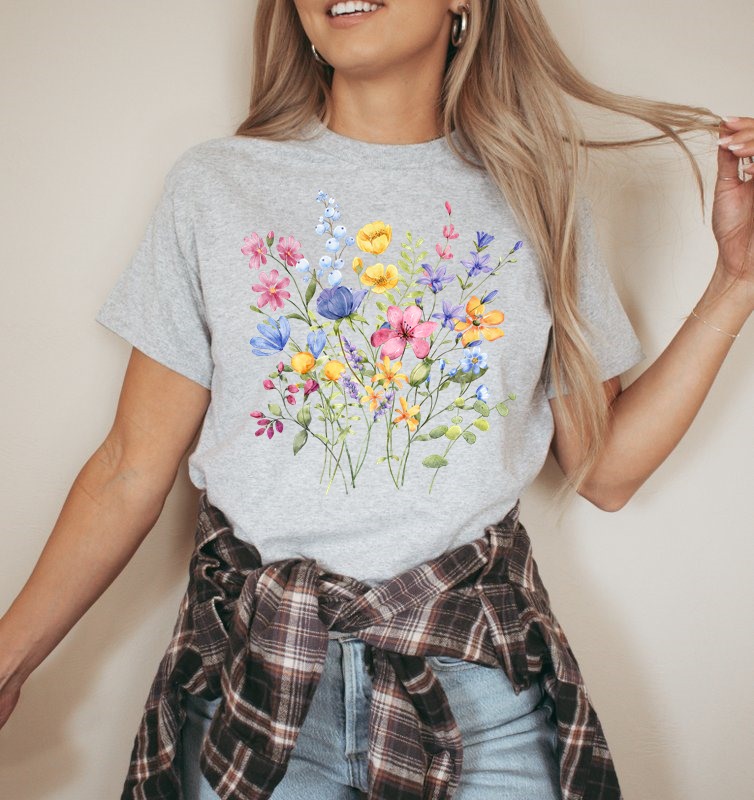 Jasno szara koszulka z nadrukiem kolorowych kwiatów - wzór kwiatki2