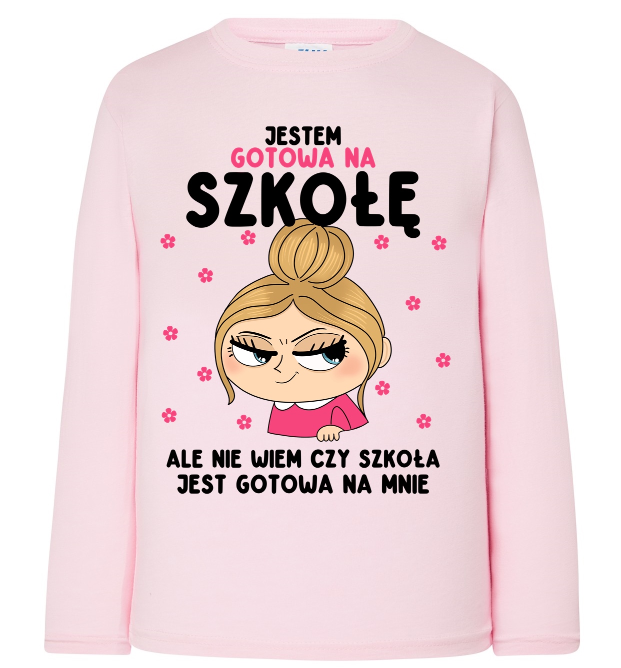 Różowa koszulka z długim rękawkiem dla dziewczynki - JESTEM GOTOWA NA SZKOŁĘ Z BLONDYNKĄ