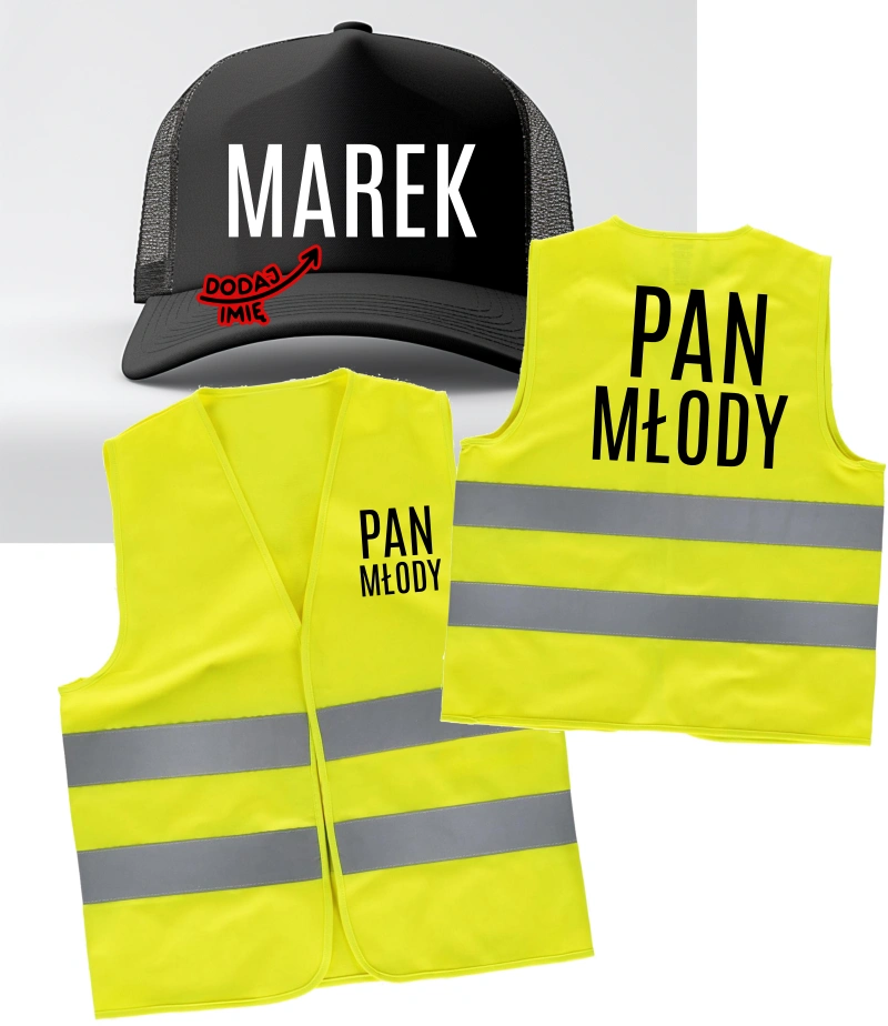KAMIZELKA ODBLASKOWA PAN MŁODY - ZESTAW NA WIECZÓR KAWALERSKI Z CZAPKĄ Z DASZKIEM Z IMIENIEM PANA MŁODEGO