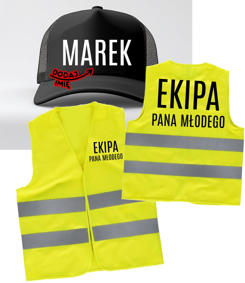 KAMIZELKA ODBLASKOWA EKIPA PANA MŁODEGO - ZESTAW NA WIECZÓR KAWALERSKI Z CZAPKĄ Z DASZKIEM Z IMIENIEM