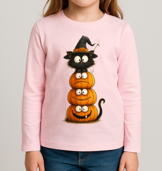 Różowa Dziecięca koszulka z długim rękawkiem na Dzień Dynia - KOTDYNIA72