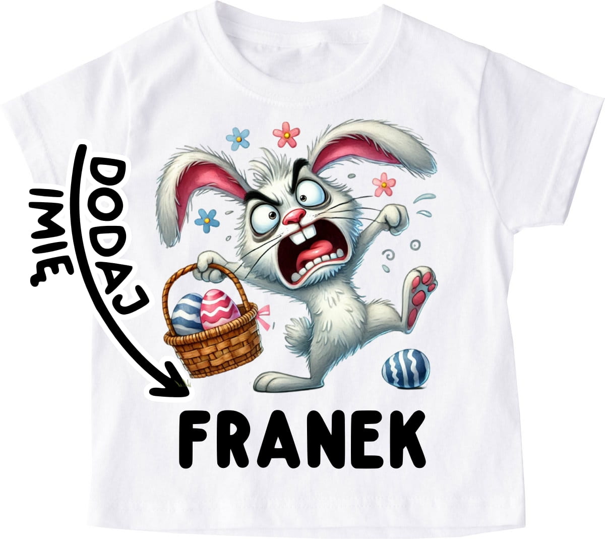 Śmieszna Koszulka z królikiem oraz imieniem na Wielkanoc