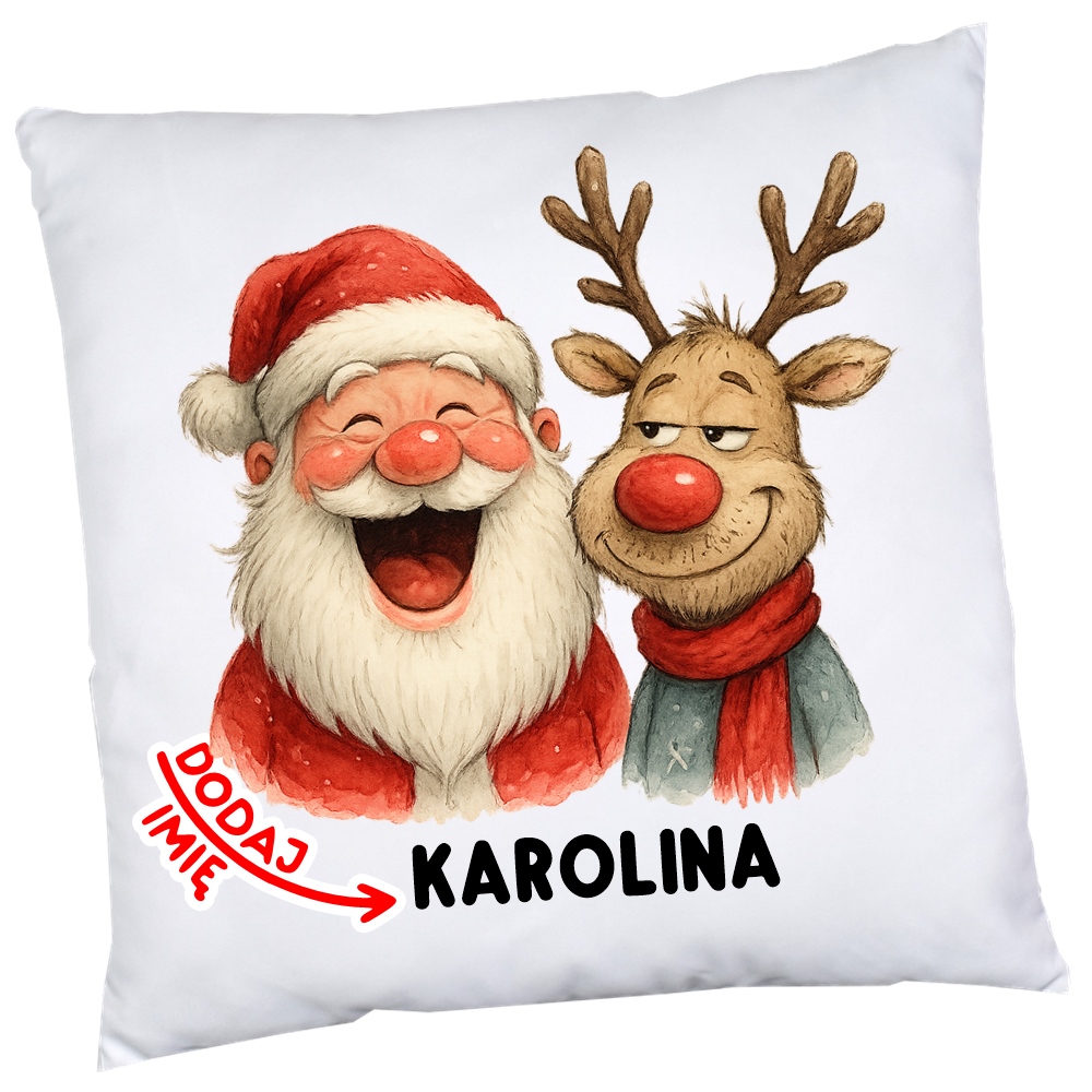 Poduszka z imieniem na klasowe Mikołajki z Mikołajem i reniferem na prezent na Mikołajki w klasie - wzór renifer79