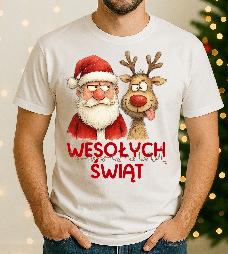 Fajna świąteczna koszulka męska - WESOŁYCH ŚWIĄT Z RENIFEREM I MIKOŁAJEM - wesołych42