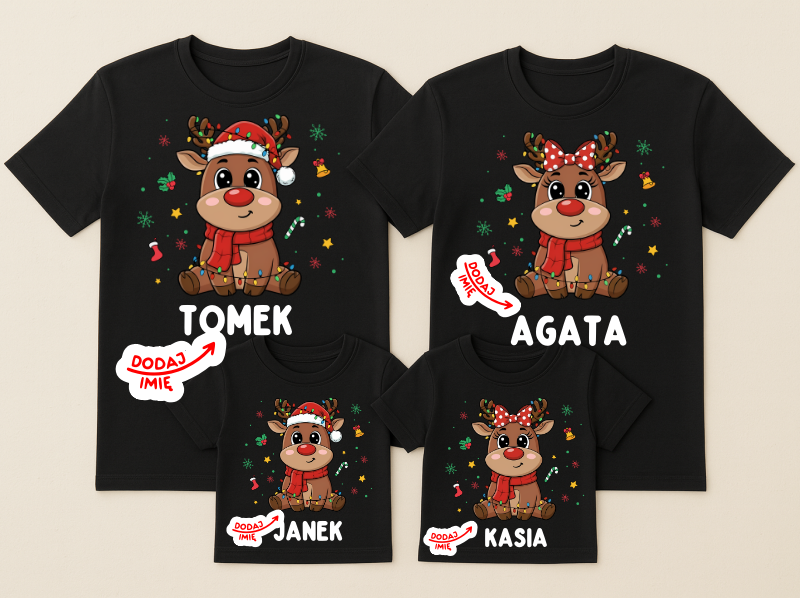 Czarna świąteczne koszulki dla rodziny 2+2 z imionami