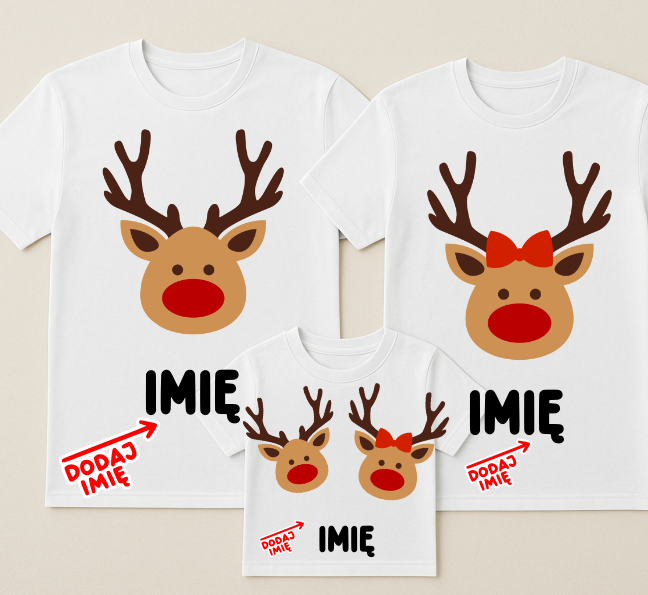 Zestaw świąteczny koszulek z imionami dla rodziny 2+1 - RENIFERY