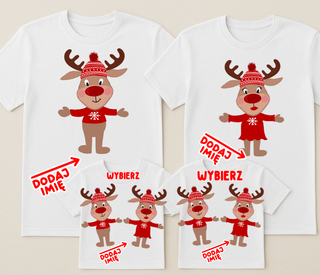 Zestaw świąteczny koszulek z imionami dla rodziny 2+2
