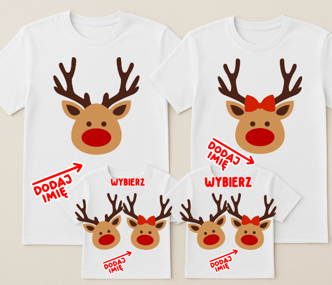 Zestaw świątecznych koszulek z imionami dla rodziny 2+2