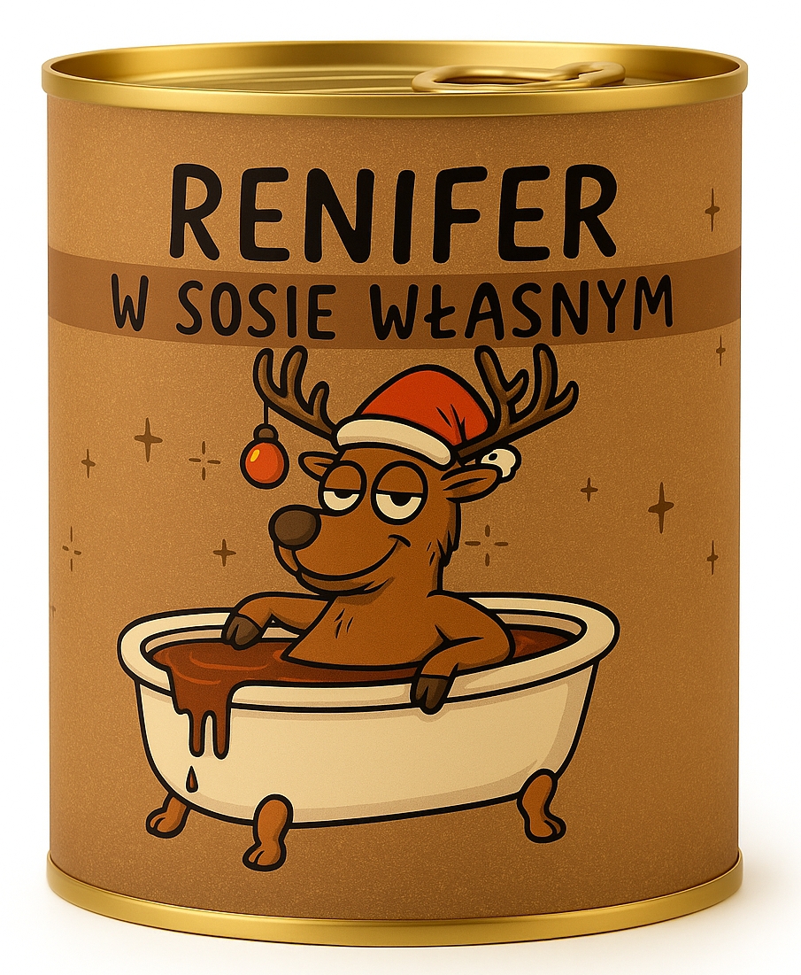 Pakowanie koszulki w puszkę - wzór świąteczny RENIFER W SOSIE WŁASNYM