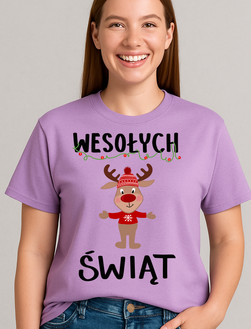 fajna Damska świąteczna koszulka z reniferem - WESOŁYCH ŚWIĄT -wzór mug5
