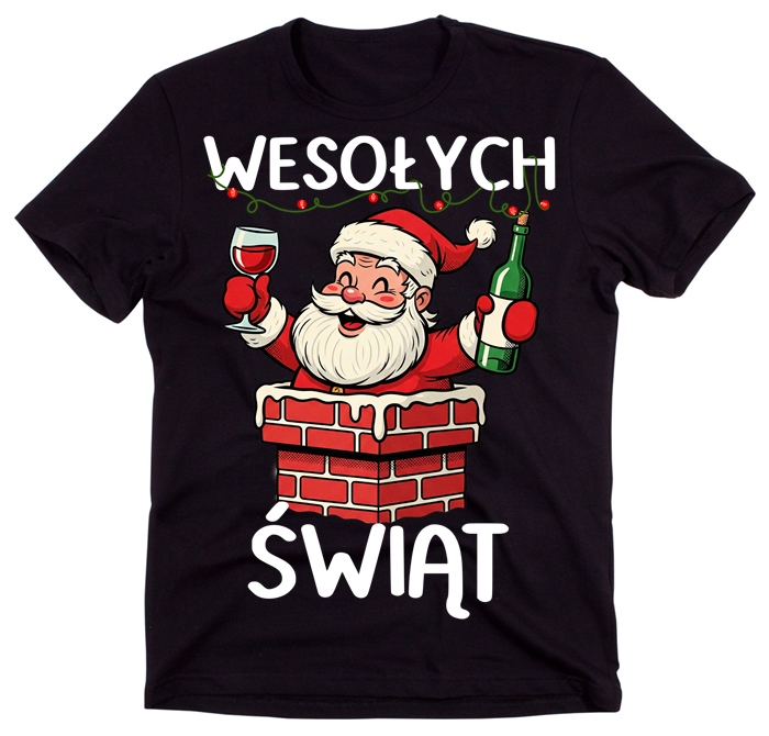 Śmieszna męska koszulka na święta na prezent - WESOŁYCH ŚWIĄT Z MIKOŁAJEM WYCHODZĄCYM Z KOMINA - mikołaj15