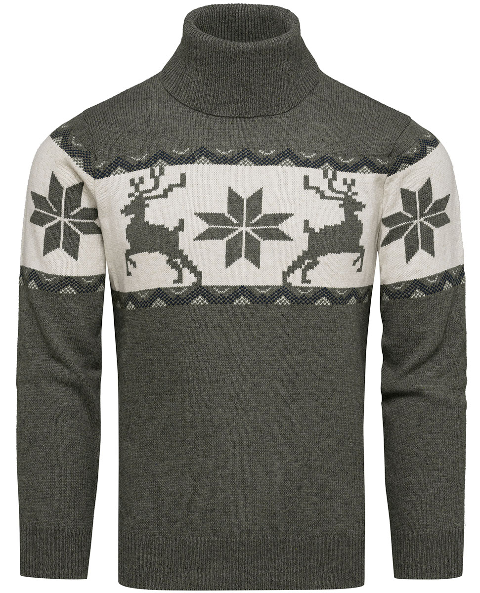 Wełniany zielony sweter męski z golfem norweski wzór Recea