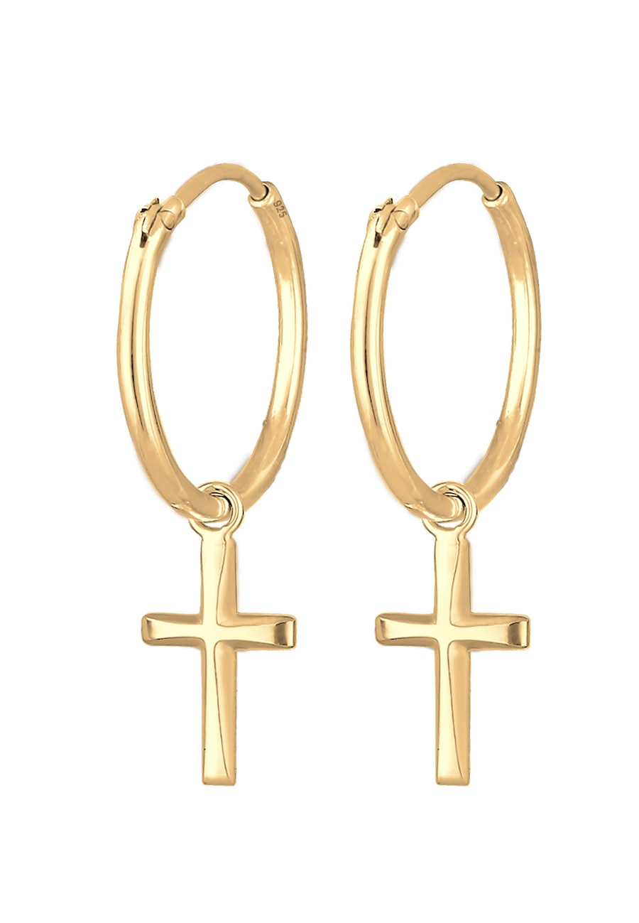 Elli Damskie kreole zawieszka krzyżyk wiara religia w srebrze 925 Sterling Silver Kolczyki koła 1 ct