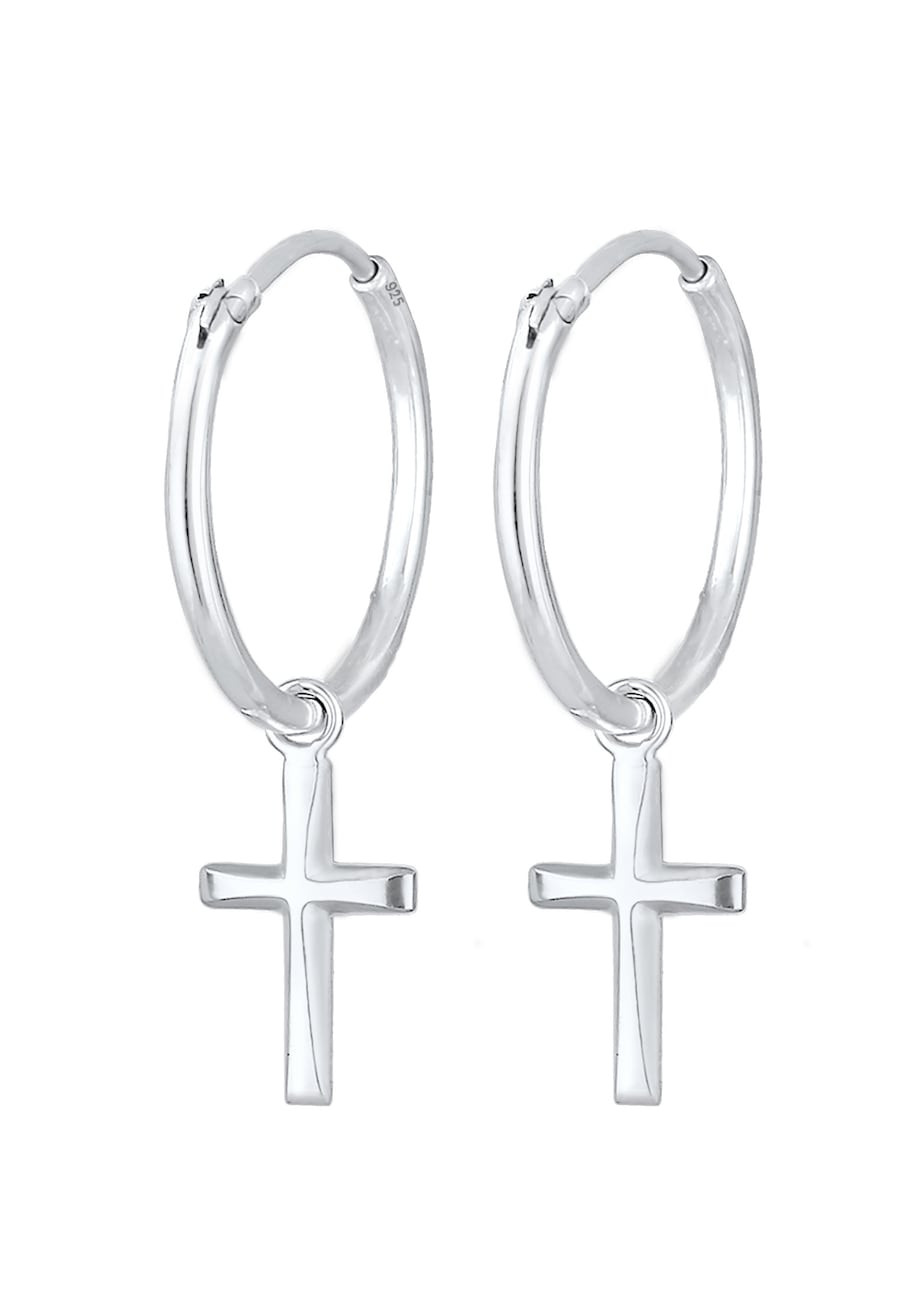 Elli Damskie kreole zawieszka krzyżyk wiara religia w srebrze 925 Sterling Silver Kolczyki koła 1 ct