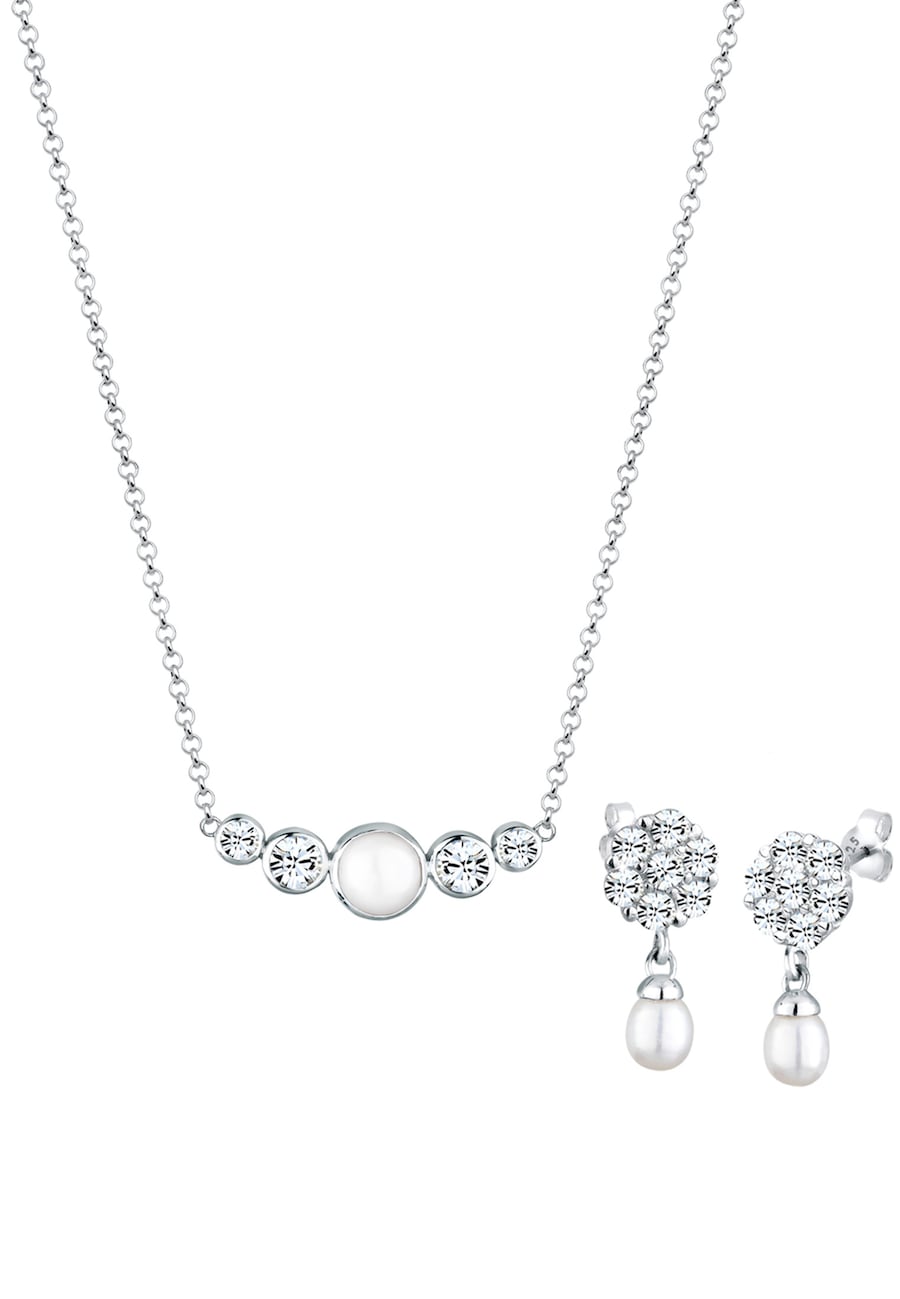 Elli PREMIUM Damski klasyczny elegancki zestaw kolczyki z perłą hodowlana słodkowodną i kryształami ze srebra 925 Sterling Silver Zestawy 1 ct