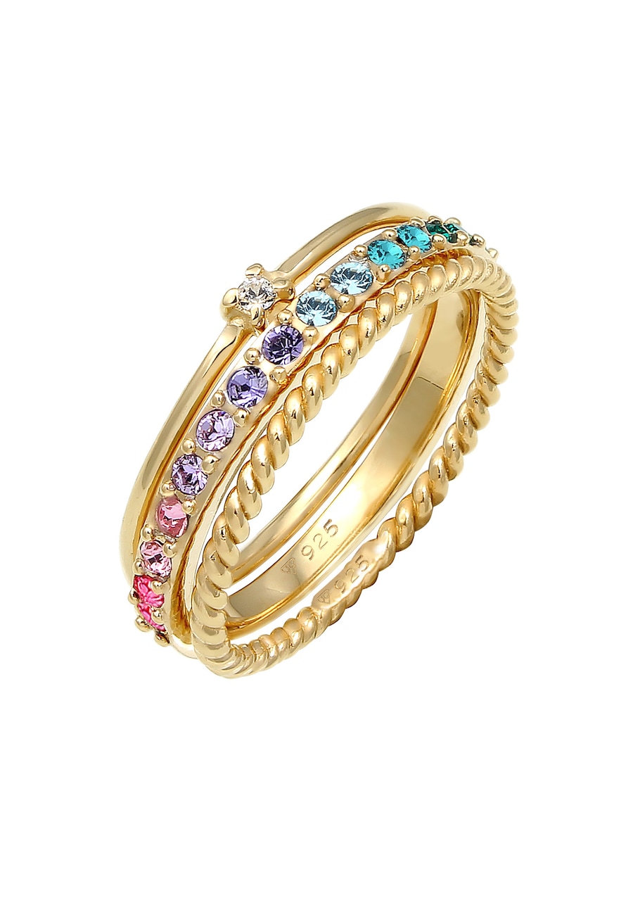 Elli Damski komplet Multi-Colour mieniący się kryształami Kolorowe w srebrze próby 925 Sterling Silver pozłacane Pierścionki 1 ct