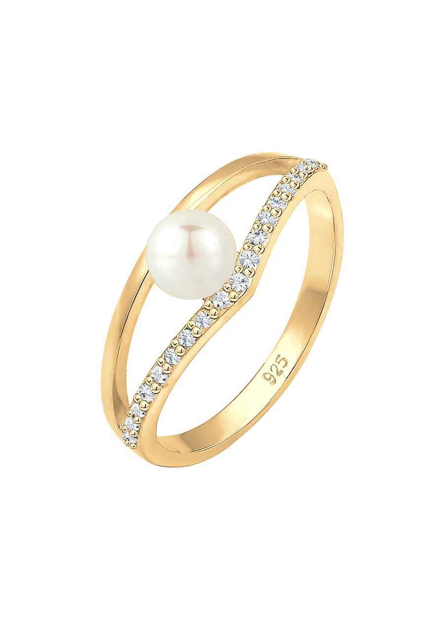Elli Damski Elegancki Geo Design z perłą hodowlana słodkowodną i kryształami w srebrze 925 Sterling Silver pozłacane Pierścionki 1 ct