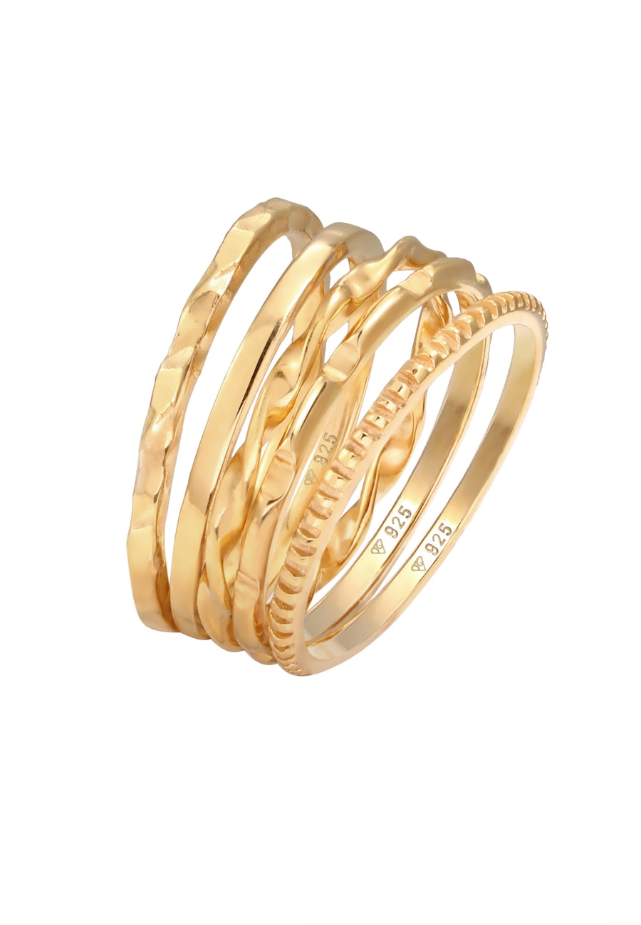 Elli Damskie zestaw pierścionków 5 części Basic Minimal Trend filigranowy w pozłacanym srebrze 925 Sterling Silver Pierścionki 1 ct