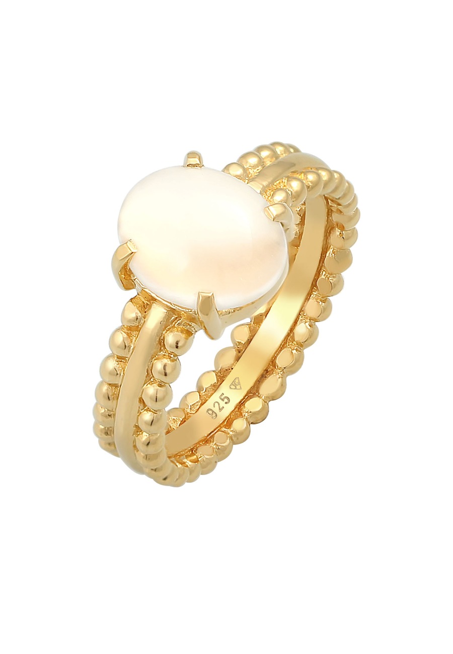 Elli PREMIUM Damski Chunky Glamour Trend Blogger owalny z kamieniem księżycowym w pozłacanym srebrze 925 Sterling Silver Pierścionki 1 ct