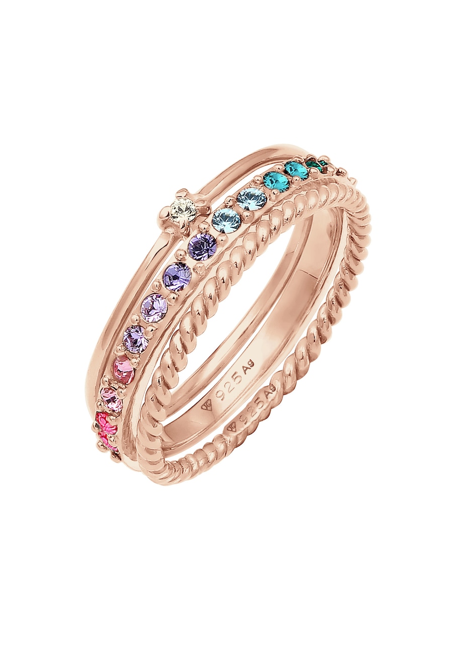 Elli Damski komplet Multi-Colour mieniący się kryształami Kolorowe w srebrze próby 925 Sterling Silver pozłacane Pierścionki 1 ct