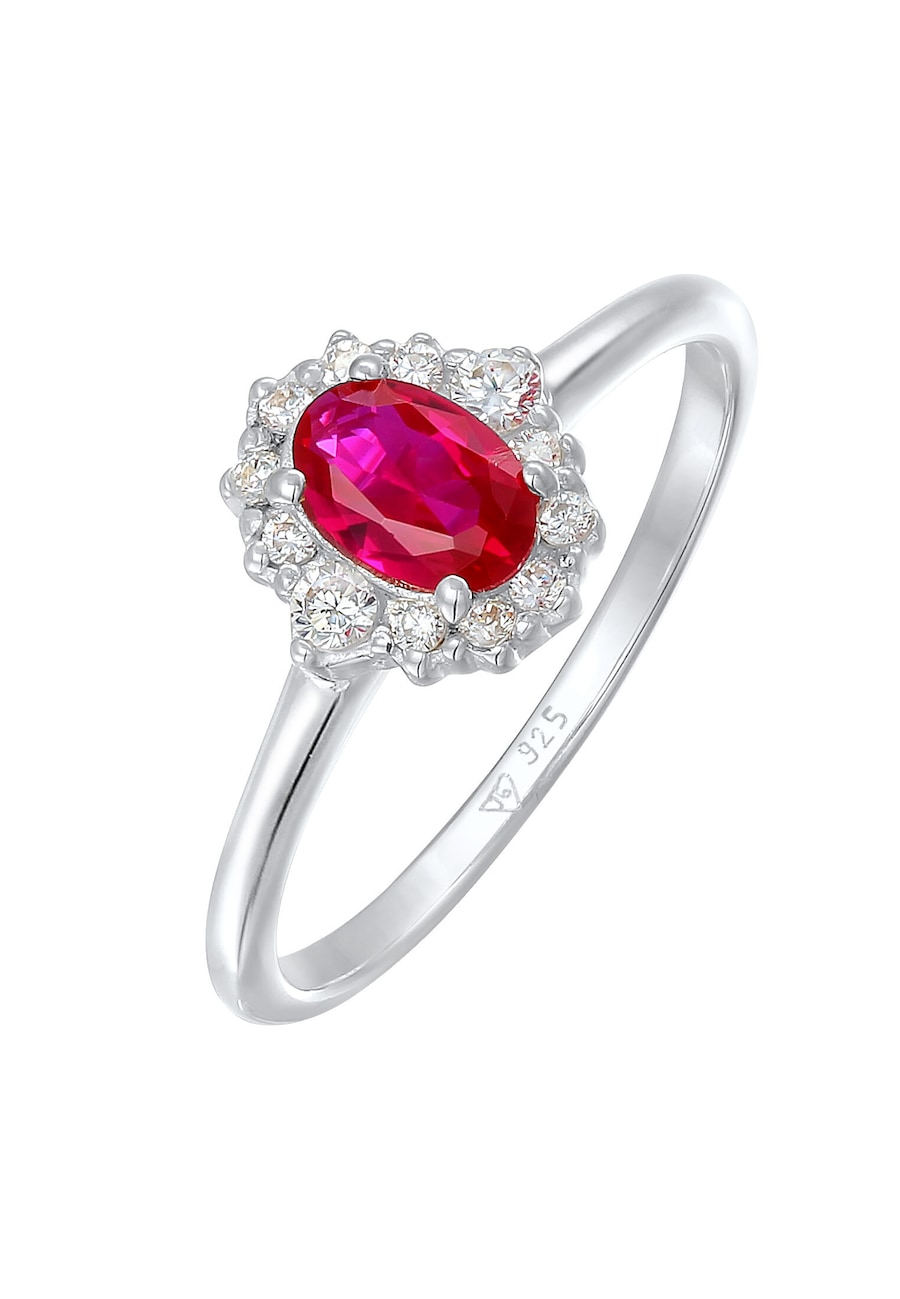 Elli Damski koktajlowy owalny Elegancki z syntetycznym Rubinemem i cyrkonią w srebrze 925 Sterling Silver Pierścionki 1 ct