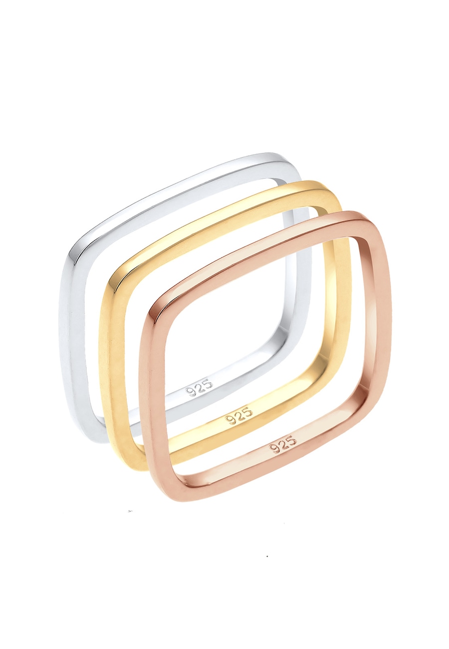 Elli Damski zestaw pierścionków Basic Kwadrat Tri-Colour ze srebra próby 925 Sterling Silver Pierścionki 1 ct